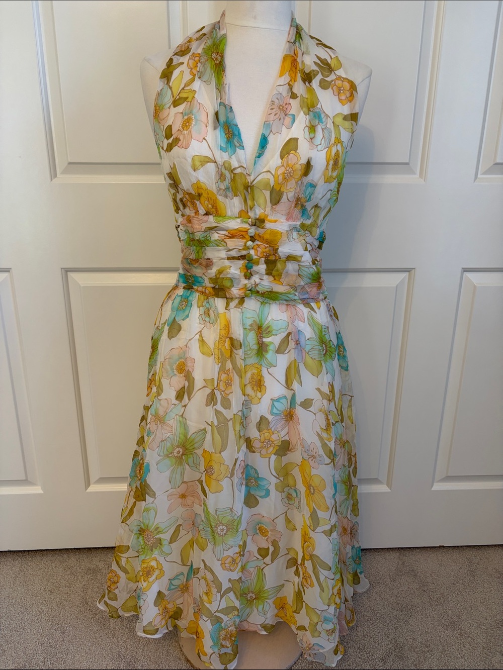 Maggy London Floral Halter Midi Dress in White with Yellow, Aqua & Soft Pink